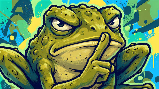 Angry green frog making a silence gesture illustration