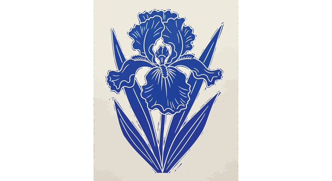 Vintage blue iris flower vector illustration, linocut style floral botanical art, hand-drawn garden iris bloom on beige background