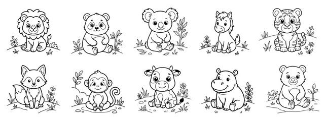Obraz premium Cute baby animals coloring page set for kids with lion panda koala tiger and monkey