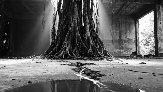 Dramatic black and white scene of a large tree inside a dilapidated building with light rays and crack in the ground