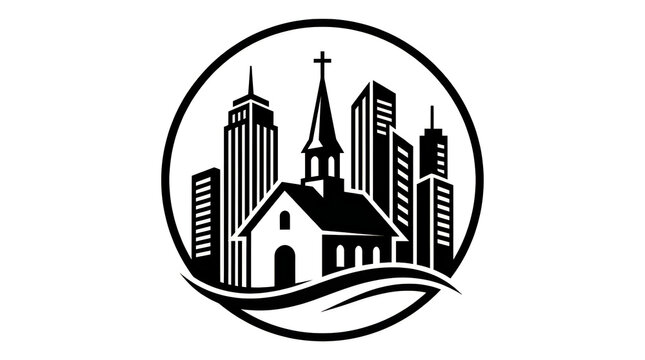 Church building and city skyline in a circle logo icon illustration