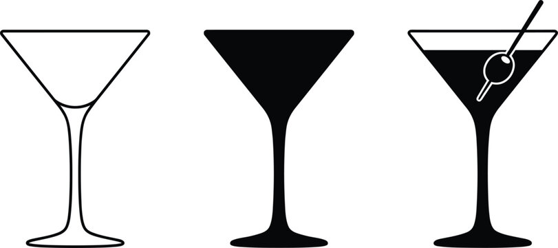 Martini cocktail glass icon set featuring outline silhouette and garnished variation vector illustration isolated on white background