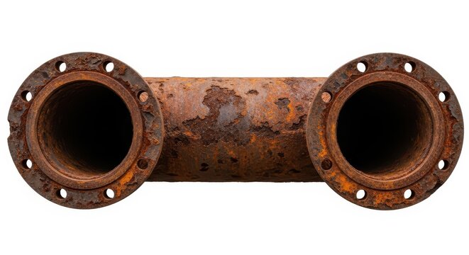 Rusty metal pipe elbow connector with flanged ends for piping systems.