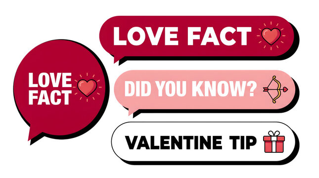 Set of valentines day speech bubbles with love fact, did you know and valentine tip text isolated on transparent background