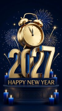 Gold 2027 New Year celebration with alarm clock and fireworks on dark blue background