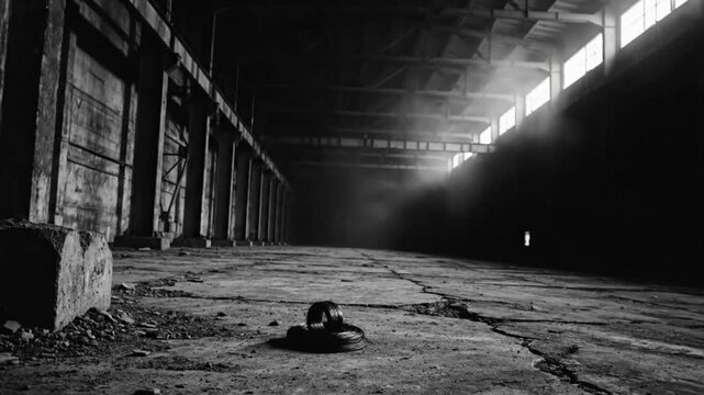 Black and white shot of coiled wire laying in a dark, empty industrial warehouse with dramatic lighting