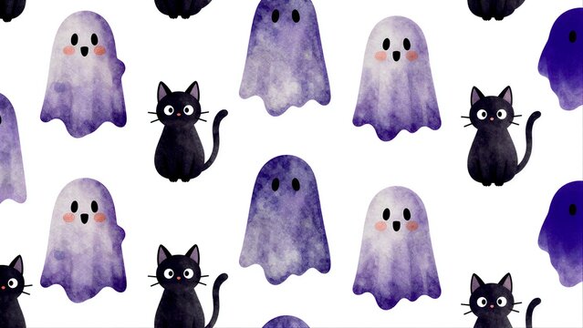 A seamless pattern of whimsical purple and blue ghost illustrations on white background