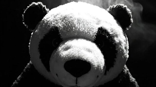 Black and white close up of a soft toy panda bear with dramatic lighting and ethereal smoke in the background.