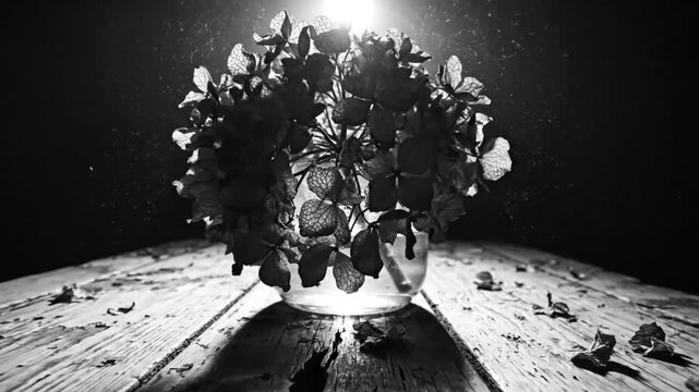 Black and white close up of a dried hydrangea arrangement in a vase, illuminated by a spotlight