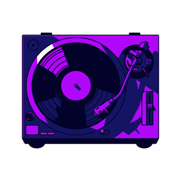 Close up of a purple and navy blue vinyl turntable player with spinning record on a white background