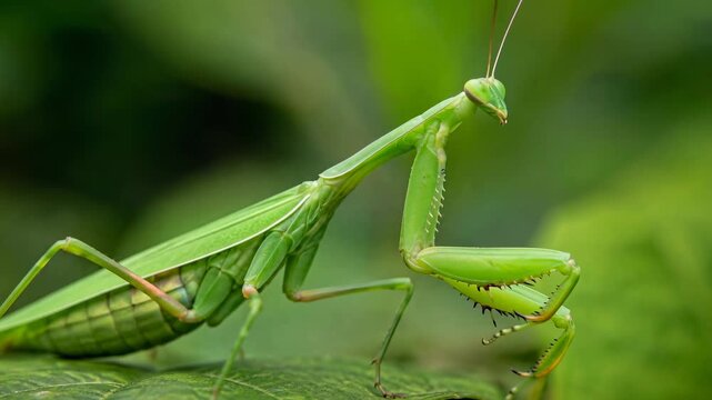 Green praying mantis resting on leaf, insect wildlife concept for nature and macro photography