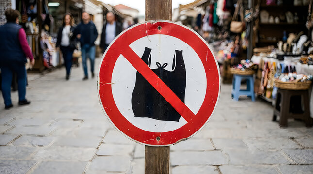 No plastic bag sign in a busy outdoor market street illustration