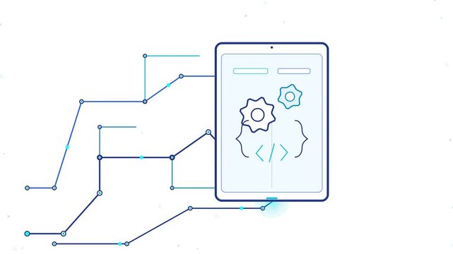 Digital tablet displaying software development and coding process animation