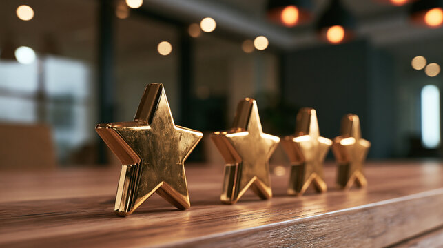 Four shiny gold stars arranged on a wooden table in a warmly lit modern interior. Customer satisfaction concept for business review and feedback.