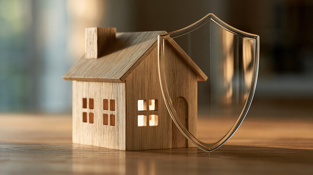 A small wooden house model is protected by a transparent shield in warm indoor lighting. Ideal for home insurance and real estate security concepts.