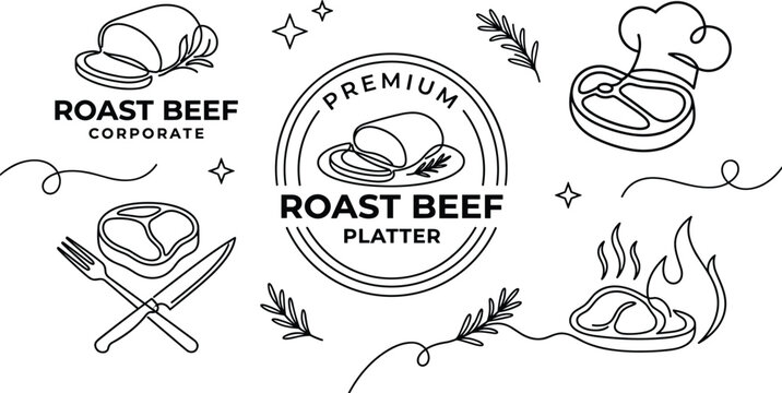 Premium roast beef badge restaurant logo steakhouse emblem vector line art illustration collection with badge elements