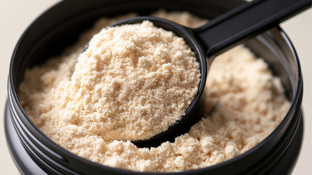 A scoop of beige protein powder inside a black container under bright studio lighting. Perfect for fitness and nutrition supplement advertising.