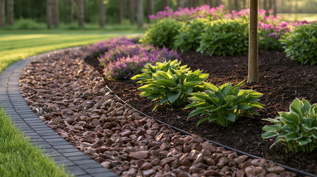 A beautifully landscaped garden bed with brown mulch, river rocks, and vibrant green hostas under soft sunlight. Ideal for home improvement and landscaping design concepts.