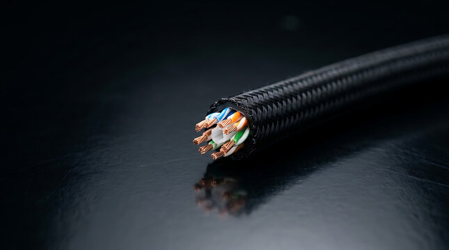 Braided black ethernet cable with exposed copper wiring on a reflective dark surface