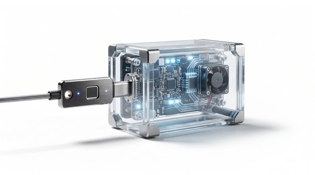 Futuristic external hardware wallet with fingerprint scanner, secure crypto cold storage device, transparent glass tech case