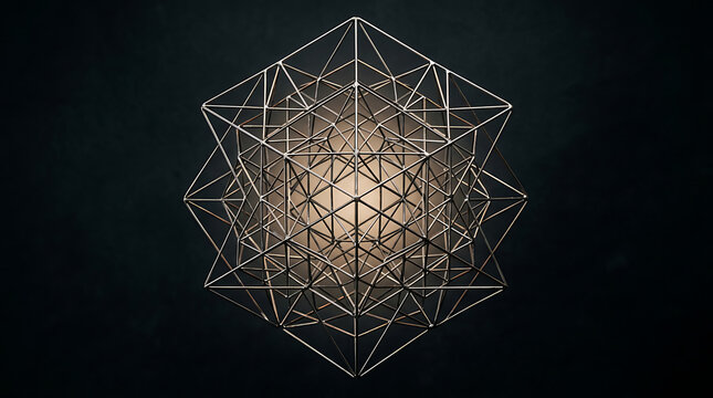 Complex geometric wireframe structure glowing against a dark textured background