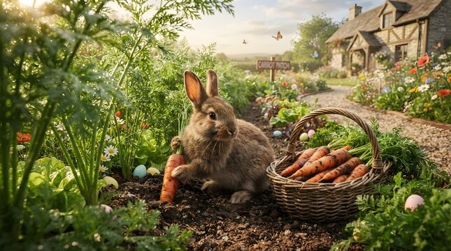 Bunny harvesting carrots in garden