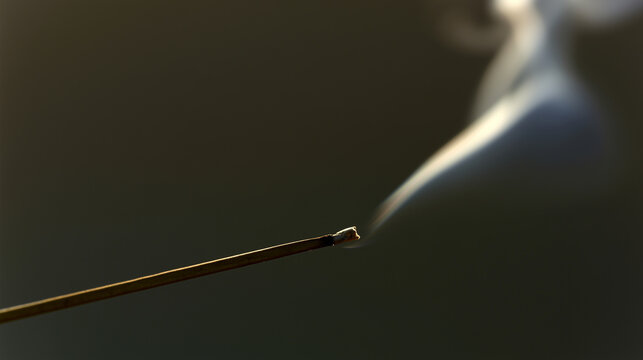 A nearly burned incense stick with a thin, straight line of rising smoke