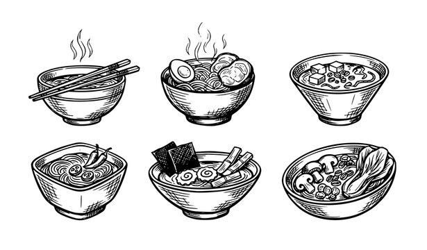 Hand drawn Asian ramen noodle soup bowls vector set with Japanese food sketch illustrations