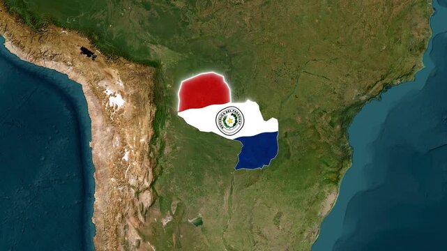 Paraguay country outline map with flag overlay animated footage