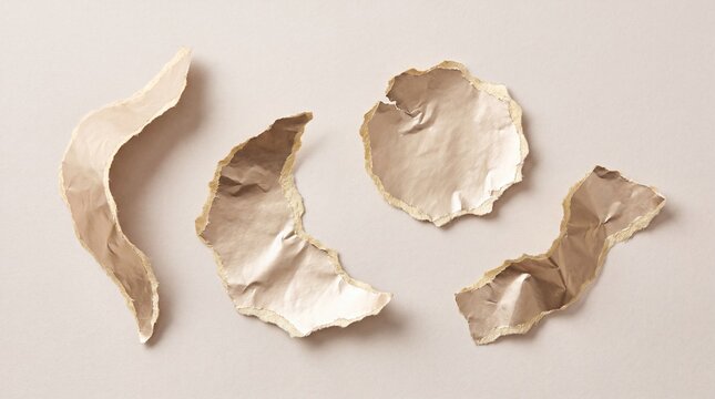 Four crumpled pieces of beige paper, appearing as if they have been carelessly discarded, are artfully arranged on a soft, neutral background, suggesting a sense of abandonment and contemplation.