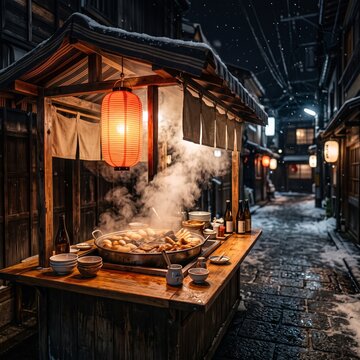 Steaming Oden Street Stall with Lantern Glow at Night