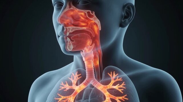 Horizontal 3D animation video of human respiratory tract with glowing red nasal cavity, throat, trachea, and bronchi showing infection