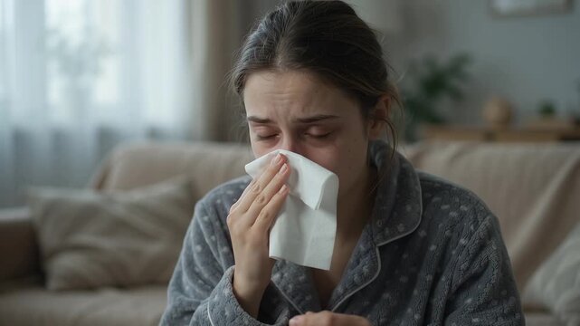 Horizontal video of a sick woman sitting on a couch at home and blowing her nose into a tissue