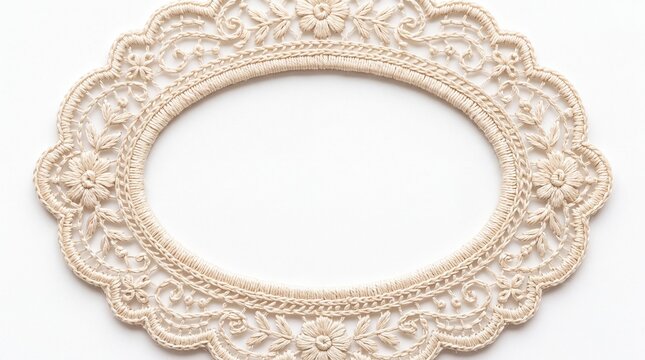 An elegant, ornate oval lace frame showcases intricate floral detailing and delicate filigree, perfect for adding a touch of vintage charm to any design.