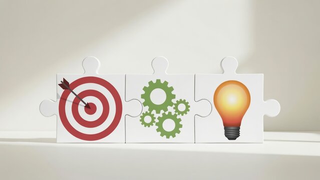 Connected jigsaw puzzle pieces featuring target, gears, and lightbulb icons for strategy and innovation concepts. Perfect for business strategy and problem solving ads.