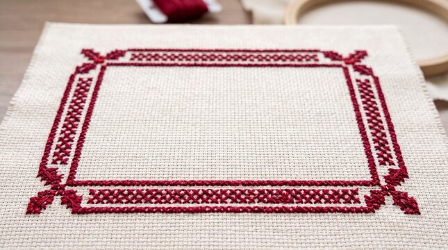 A close-up shot showcases the intricate detail of a cross-stitched border on natural linen fabric, hinting at a handmade craft project.