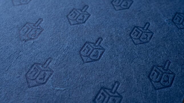 A blue textured surface features a repeating pattern of dreidels, evoking a sense of Hanukkah tradition and festive celebration.