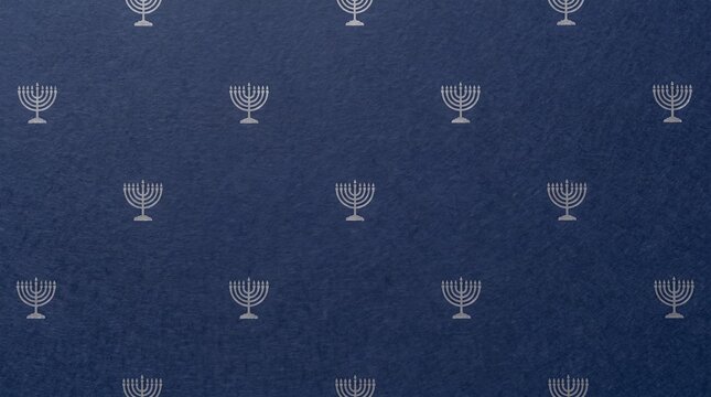 A repeating pattern of menorah symbols adorns a deep blue textured background, suggesting a theme of religious tradition and cultural heritage.