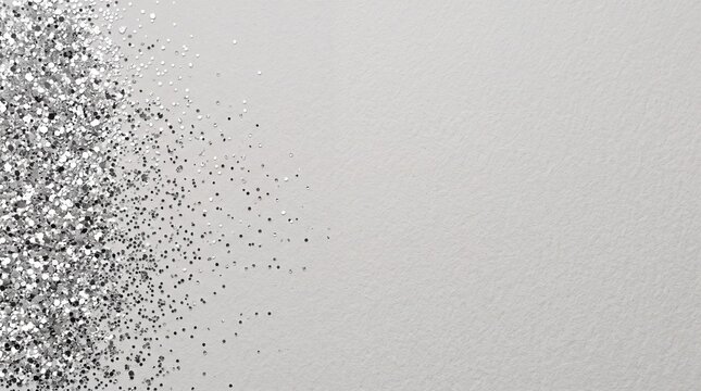 Sparkling silver glitter is scattered across a soft, muted grey background, creating a sense of elegance and understated glamour, perfect for festive or celebratory designs.