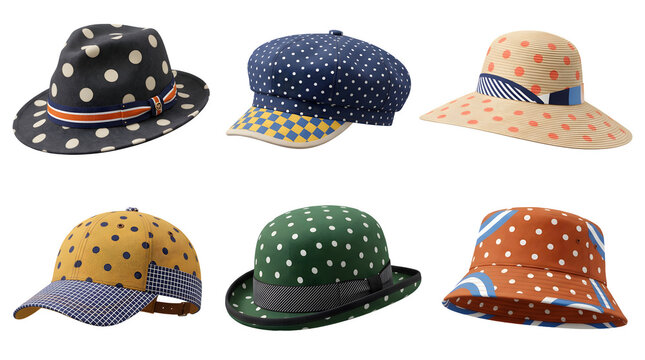 Collection of various stylish polka dot hats isolated on transparent background