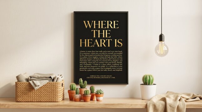 Modern minimalist home interior featuring a wooden shelf with potted cacti, wicker basket, and framed black poster with gold typography reading Where The Heart Is, cozy living