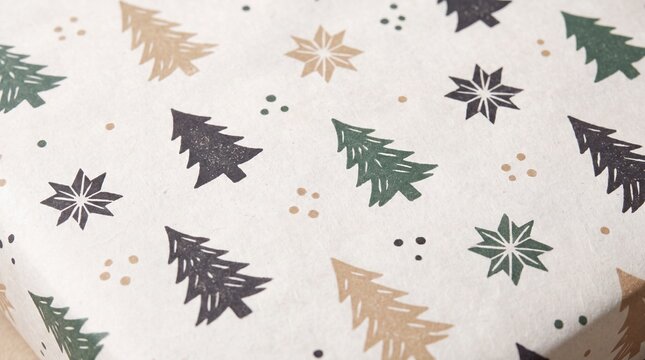 A charmingly simplistic festive pattern adorns a surface, featuring hand-drawn Christmas trees and starbursts in a warm, earthy palette, evoking a cozy holiday spirit.