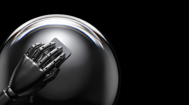 Dark humanoid robotic hand polishing surface of dark metallic sphere on pitch black background with rim lighting representing product refinement zero tolerance and quality standard concept