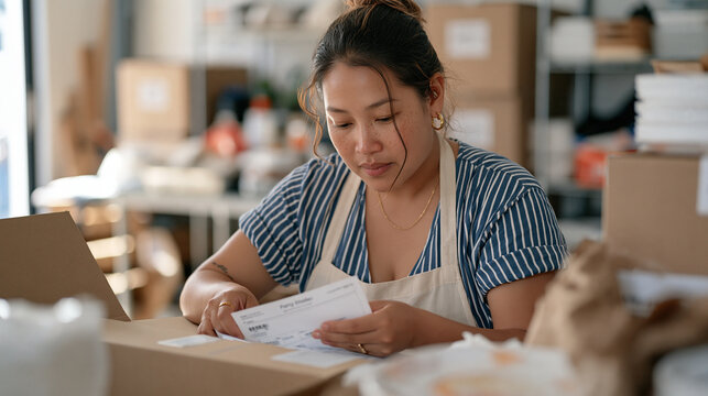 A Vietnamese party organizer unboxing a shipment of custom themed tableware at a storage unit, cross referencing items against a printed order sheet with focus and concentration