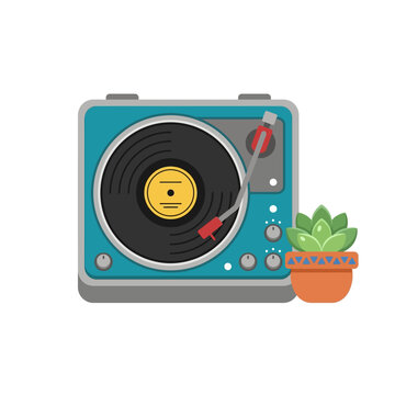 Blue vintage turntable with spinning black vinyl record and red tonearm playing music in flat illustration style