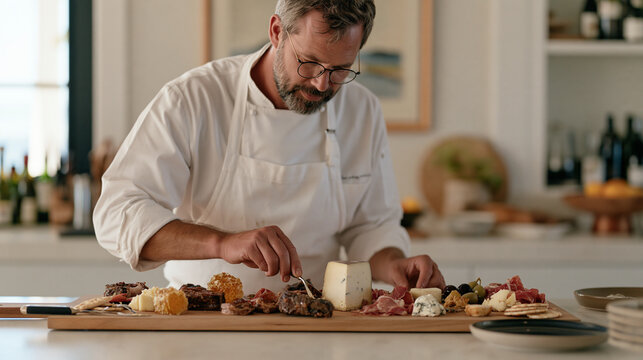 A personal chef assembling a customized charcuterie and cheese presentation board for a private cocktail gathering, arranging honeycomb, cured meats, and specialty crackers with