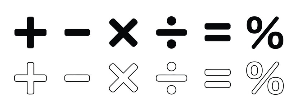 Math operators icon set featuring arithmetic symbols in solid and outline styles for calculators, education, finance, and mathematics