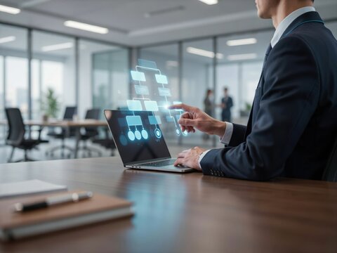 A Professional Businessman Interacting With A Digital Flowchart Interface On A Laptop