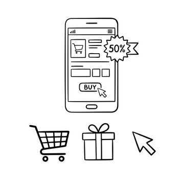 Black and White Doodle Vector of Online Shopping on a Smartphone with 50% Off Tag, Shopping Cart, Gift Box, and Cursor