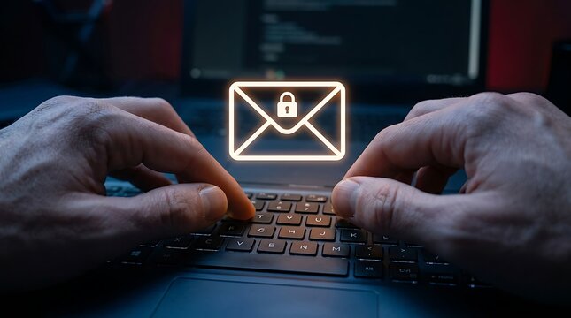 Hands typing on laptop keyboard with glowing email and padlock illustration